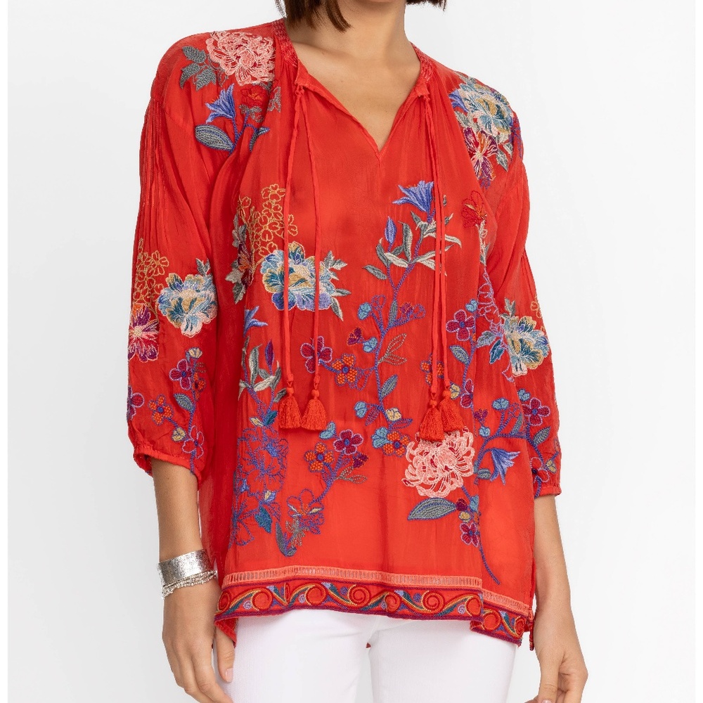 Johnny Was Zadonia Red Floral Embroidered  Top Blouse size L NWT